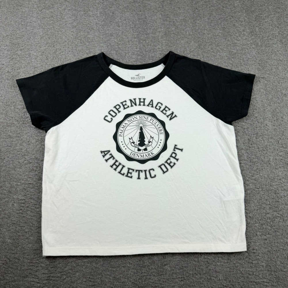 Hollister Womens Copenhagen Athletic Dept Raglan‎ Graphic T-Shirt Black White L